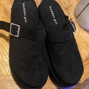 Madden Girl Black Suede Buckle Mules